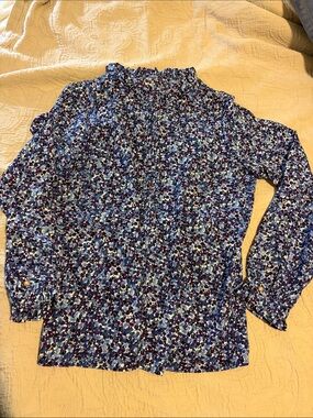 Womens Blue Floral Mock-Neck Long-Sleeve Blouse